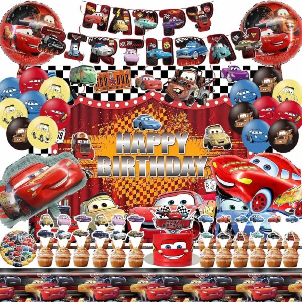 Guvpev Lightning Mcqueen Birthday Decorations, Cartoon Cars Theme Party Supplies Include Birthday Banner, Hanging Swirls, Cake Toppers, Latex Balloons, Foil Balloons, Backdrop, Tablecloth, Stickers