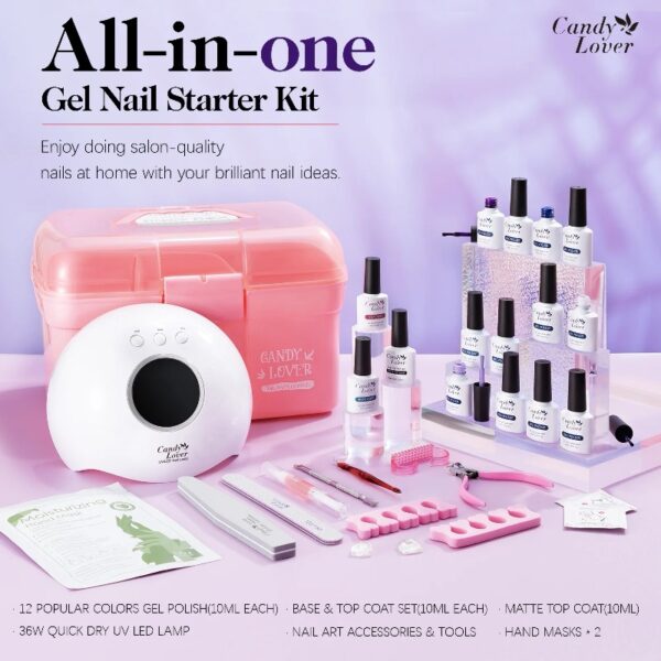 Candy Lover Gel Nail Polish Kit with UV LED Lamp, 12 Colors Cute Lady Gel Polish Starter Kit, All-in-One Quick Dry Soak Off Nail Gel Manicure Kit with DIY Tools Valentine Gift for Women