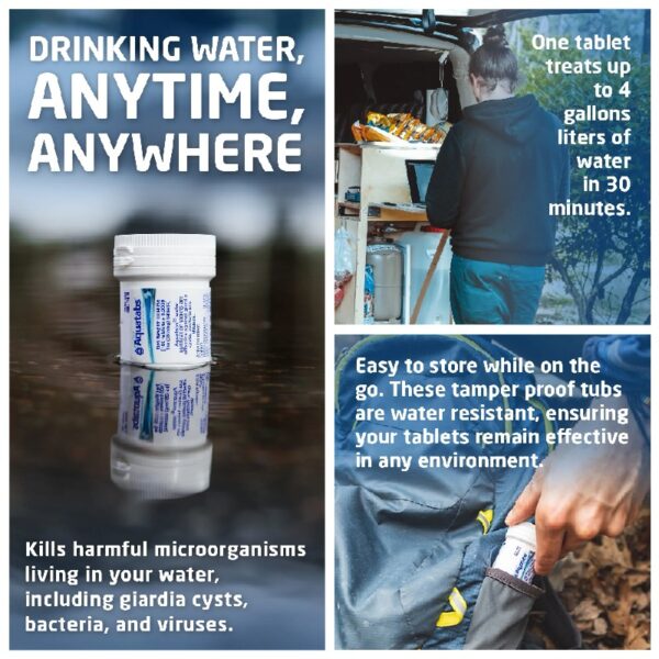 397mg Water Purification Tablets (100 Pack). Fast Acting Water Filtration System for Camping, Hiking, Emergencies, and Outdoor Adventures