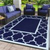Outdoor Rugs Waterproof Plastic Straw Mat 6'x9' Reversible Patio Deck Beach Blue & White