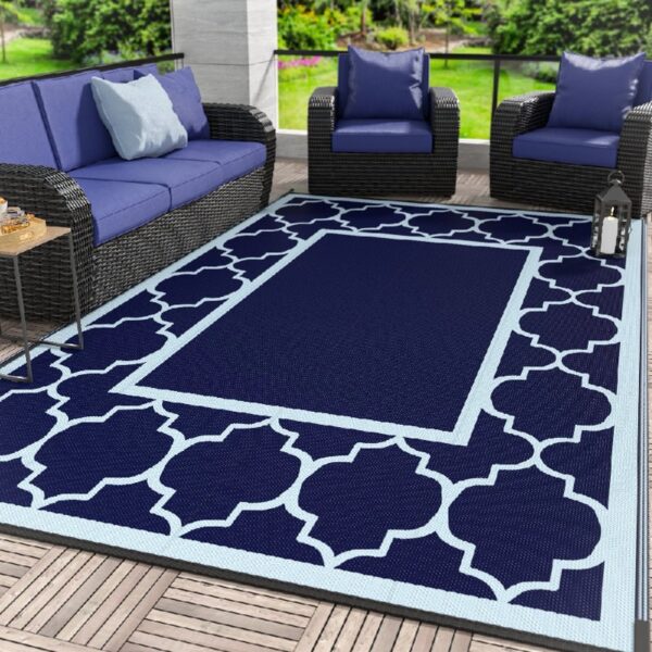 Outdoor Rugs Waterproof Plastic Straw Mat 6'x9' Reversible Patio Deck Beach Blue & White
