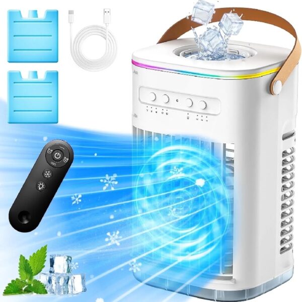 4in1 Small Air Conditioner, 16.5ft Remote, 1200ml Tank, 7h timer, 3Speed & 2Cool Mist, 7-Color Light for Bedroom Cover 100Sq.ft, No Battery