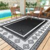 5x8 Feet Waterproof Outdoor Rug - Reversible Black & White Plastic Patio Mat, Non-Slip Durable Moroccan Geometric Design for Camping, RV, Balcony, Porch, Picnic