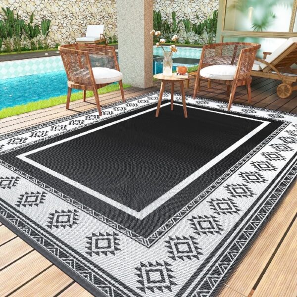 5x8 Feet Waterproof Outdoor Rug - Reversible Black & White Plastic Patio Mat, Non-Slip Durable Moroccan Geometric Design for Camping, RV, Balcony, Porch, Picnic