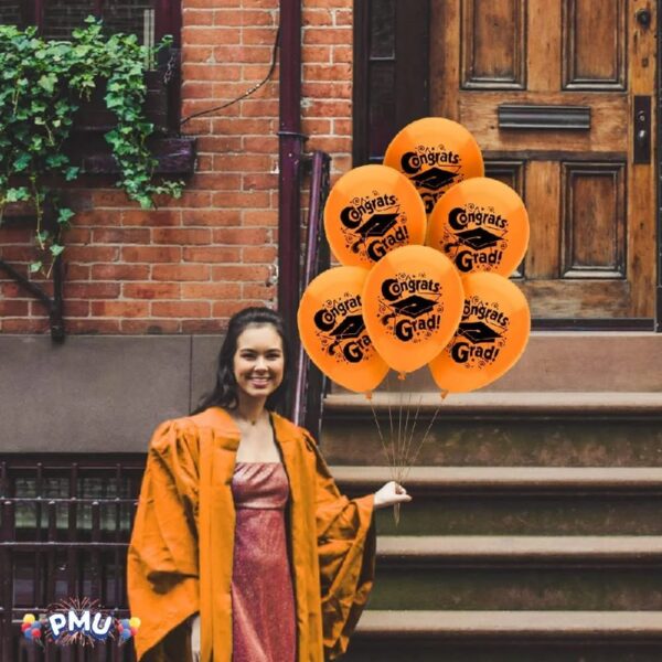 PMU Graduation Balloons 11 Inch PartyTex Premium Emerald Green with All-Over Print White Grad Caps-Confetti and Streamers Pkg/100