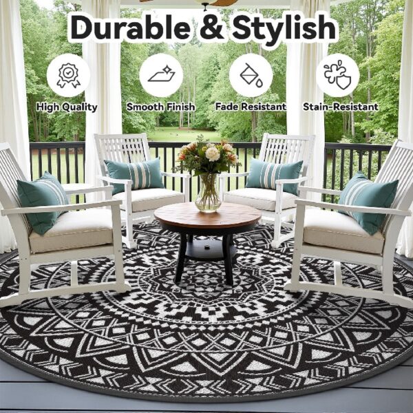 Outdoor Rugs 5' x 8' Rug, Waterproof Patio Mat, Stylish Plastic Straw Reversible Area Rug for Picnic RV Camping Porch Balcony, Black and White