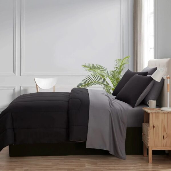 7 Piece Reversible Bed in a Bag Comforter Set with Sheets, Black, Queen