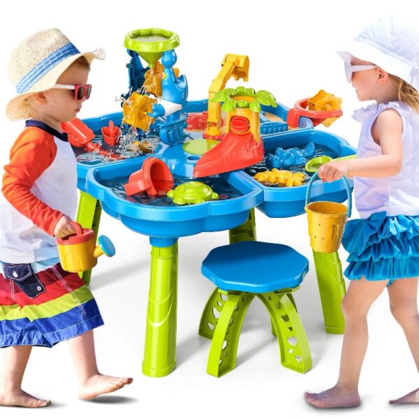 Sand Water Table for Toddlers, 4 in 1 Sand Table and Water Play Table, Kids Table Activity Sensory Play Table Beach Sand Water Toy for Outdoor Backyard for Toddlers Age 2-4 Gift