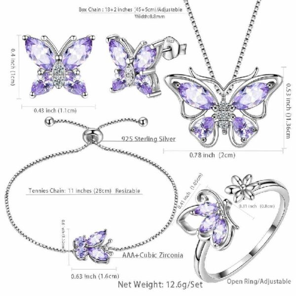 Purple Butterfly Jewelry Amethyst February Birthstone Jewelry Set Fine Necklace/Earrings 925 Sterling Silver Women Birthday Mother's Day Gifts