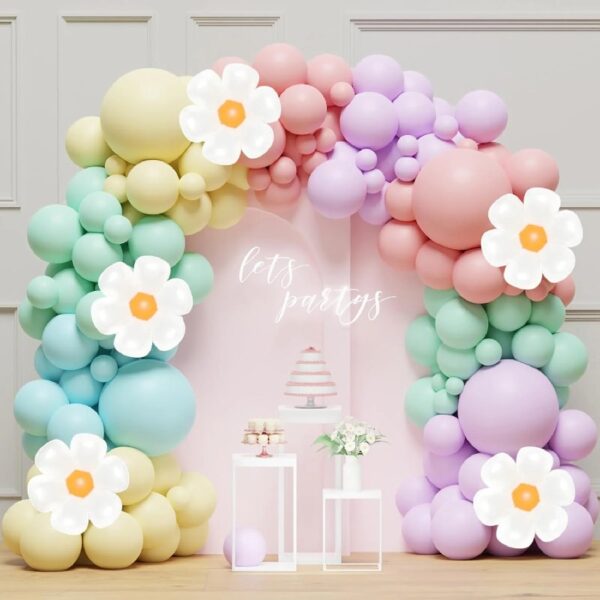 136Pcs Pastel Rainbow Balloon Arch Kit - Birthday Balloons, White Groovy Flower Macaron Pink Yellow Blue Purple Balloons for First Birthday Wedding Party Decorations