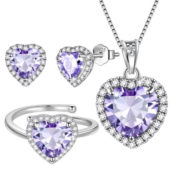 Women Heart Jewelry Set Necklace Earrings Ring 925 Sterling Silver February Birthstone Amethyst Wife Mother Birthday Valentine's Day Gift