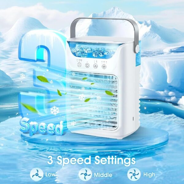 Portable Air Conditioners Fan, 4-IN-1 with 700ML Wide-Mouth Tank, 3 Speeds & 2 Mist Modes, 7-Color RGB Mood Light, Touch Control, 2-6H Timer, PU Handle, for Home, Office, Camping, Car,Yoga