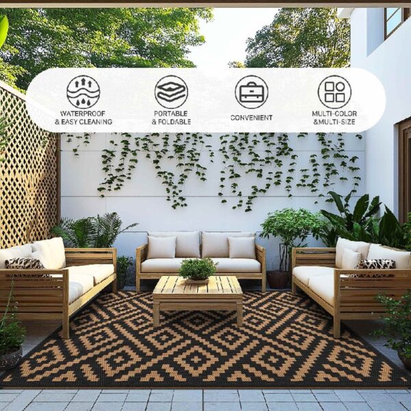 6'x9' Outdoor Rugs Patio Waterproof Outside Mat Reversible Plastic Camping Carpet,Black & Grey