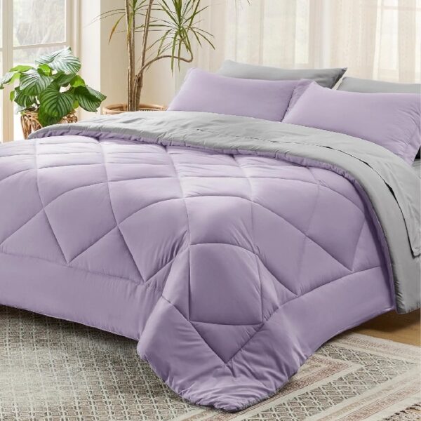 Light Purple Queen Comforter Set - 7 Pieces Reversible Queen Bed in a Bag, Queen Bed Set Light Purple and Grey with Comforters, Sheets, Pillowcases & Shams