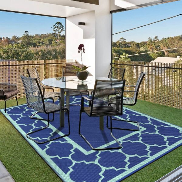 Outdoor Rugs Waterproof Plastic Straw Mat 6'x9' Reversible Patio Deck Beach Blue & White