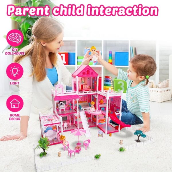 DollHouse with Colorful Light, Pretend Play Toddler Doll House Furniture Sets with 3 Dolls, 9 Rooms DIY , Creative Gift for Girls