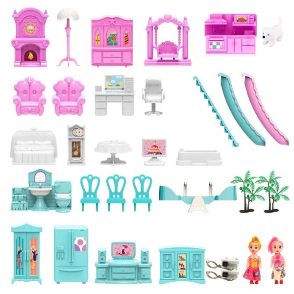 DollHouse with Colorful Light, Pretend Play Toddler Doll House Furniture Sets with 3 Dolls, 9 Rooms DIY , Creative Gift for Girls