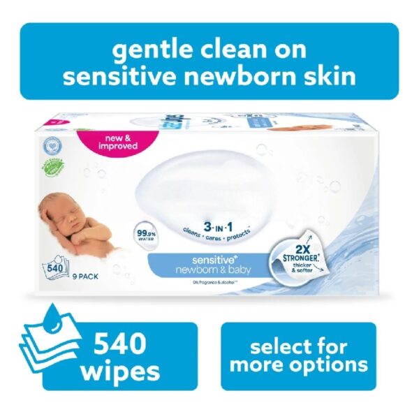 Sensitive+ Newborn & Baby Wipes, 3-In-1 Cleans, Cares, Protects, 99.9% Water, Unscented & Hypoallergenic, 9 Packs (540 Wipes)