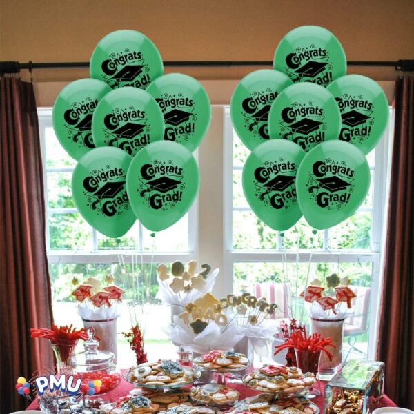 PMU Graduation Balloons 11 Inch PartyTex Premium Emerald Green with All-Over Print White Grad Caps-Confetti and Streamers Pkg/100