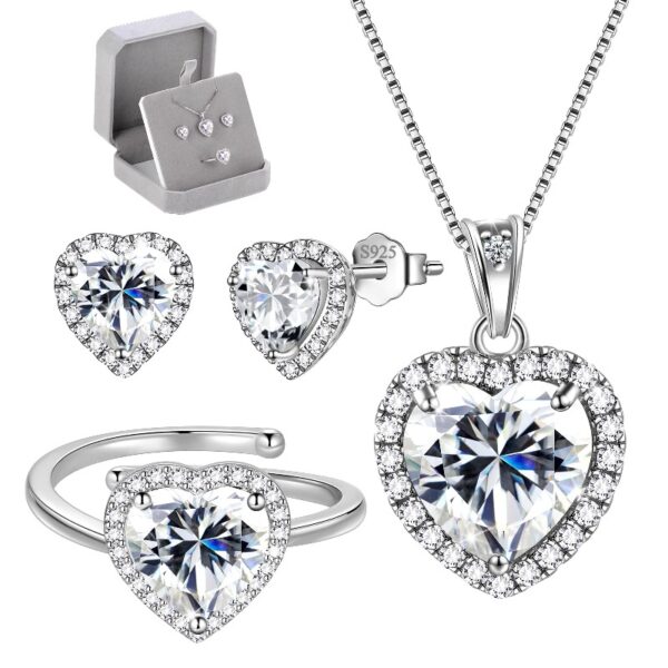 Women Heart Jewelry Set Necklace Earrings Ring 925 Sterling Silver February Birthstone Amethyst Wife Mother Birthday Valentine's Day Gift