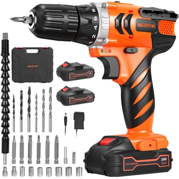 24V Cordless Drill-Brushless Power Drill Set, 3/8