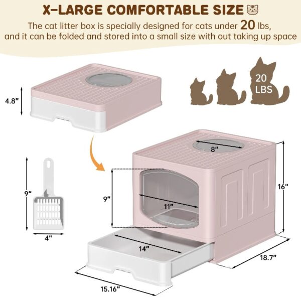 Extra Large Foldable Cat Litter Box with Litter Scoop, Front Entry Top Exit Cat Litter Pan with Lid, Enclosed Anti-Splashing Kitty Litter Box, Drawer Type Cat Litter Easy Cleaning and Scoop, Pink