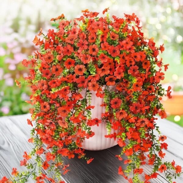 4PCS Artificial Flowers outdoor Spring Summer Decor Fake Hanging Plants UV Resistant Faux Plastic Greenery Hanging Flowers for Outside Gardens Porch Wall Home Indoor,ORANGE&YELLOW