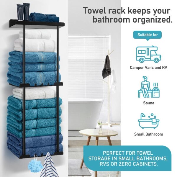 Livhil Wall Towel Rack for Rolled Towels, New Upgrade Towel Racks for Bathroom Wall Mounted, Bathroom Bar Towel Storage, Metal Bath Towel Holder for Folded Large Towel Washcloths, Black