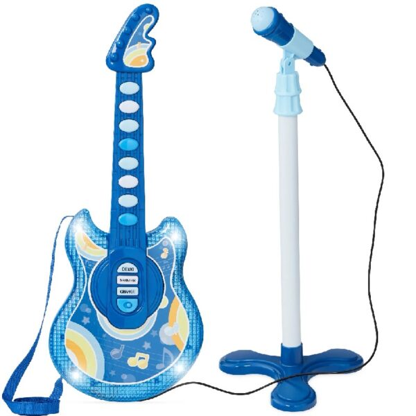 19in Kids Flash Guitar, Pretend Play Musical Instrument Toy for Toddlers w/ Mic, Stand - Navy