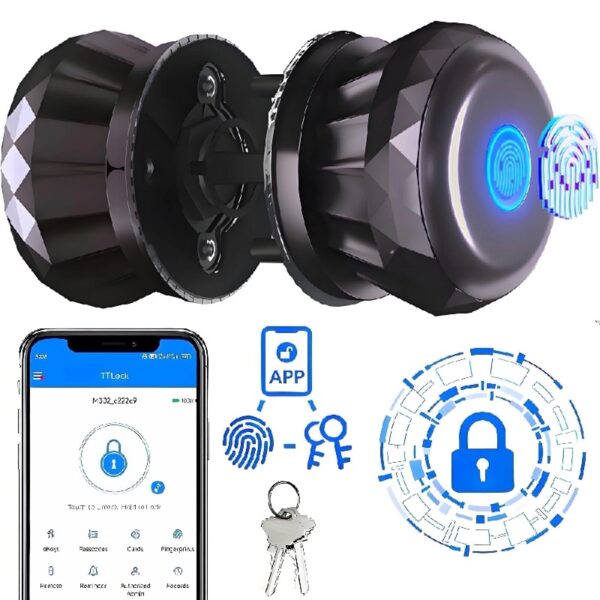 Smart Door Knob, Keyless Smart Door Lock Smart Deadbolt with App Control & Fingerprint & 2 Keys,Electronic Door Lock for Home, Apartment, Office,Bronze