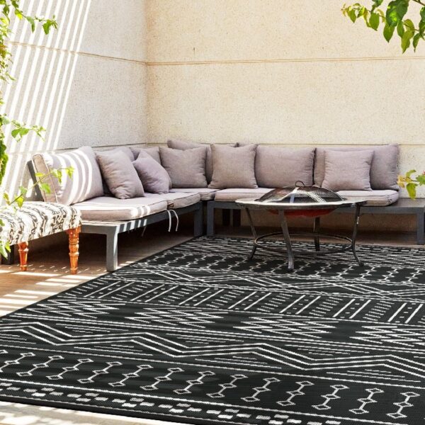 Outdoor Rug 6'x9' Waterproof Patio Rug Reversible Indoor Outdoor Rug Lightweight Plastic Straw Rug for RV Camping Deck Balcony Boho Porch Decor Dark Grey and White