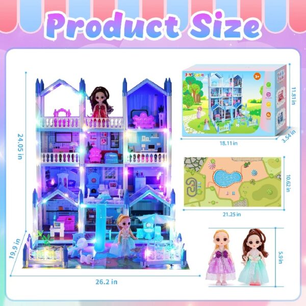 Play Dollhouse with Doll Toy Figures, 14 Rooms Furniture and Colorful Lights, Creative Doll House Gift for Girls Ages 3+, Assemble Required, Pink