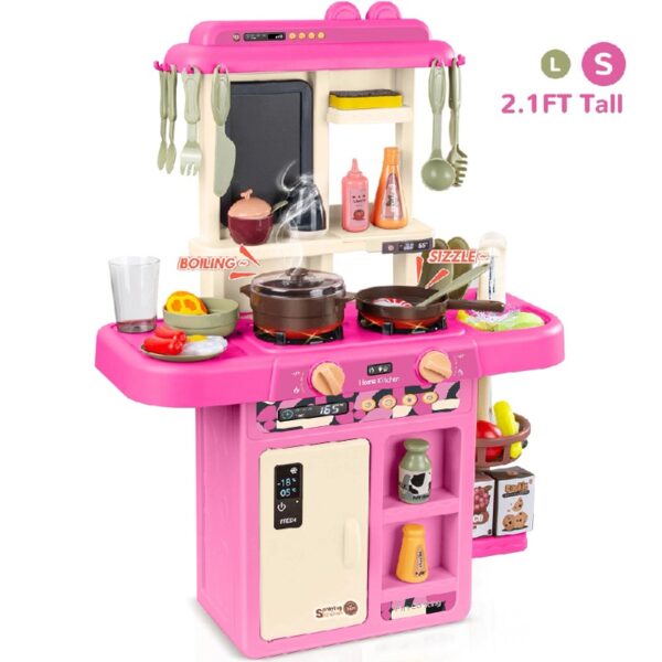 Play Kitchen Set for Kids, 2.1FT Tall Toy Play Kitchen w/ Realistic Lights Sounds Simulation Spray for Toddlers Girls Boys Gift 42Pcs - Small (Orange Red 18x8.6x24.8in)