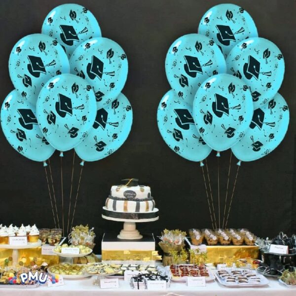 PMU Graduation Balloons 11 Inch PartyTex Premium Emerald Green with All-Over Print White Grad Caps-Confetti and Streamers Pkg/100