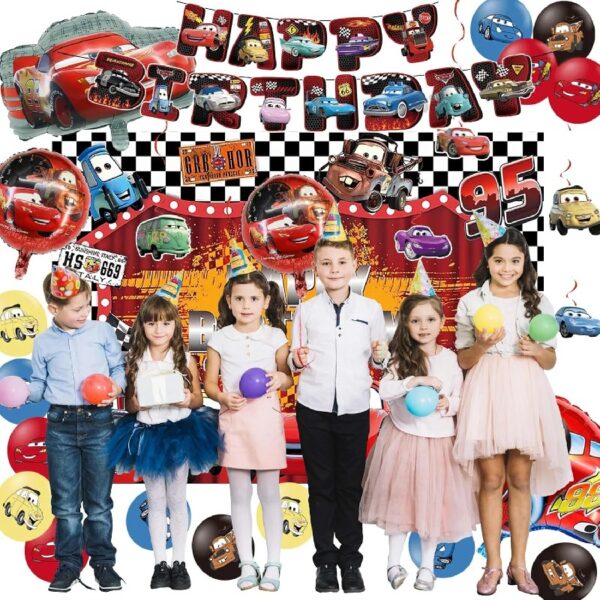 Guvpev Lightning Mcqueen Birthday Decorations, Cartoon Cars Theme Party Supplies Include Birthday Banner, Hanging Swirls, Cake Toppers, Latex Balloons, Foil Balloons, Backdrop, Tablecloth, Stickers