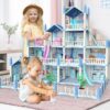 DollHouse with Colorful Light, Pretend Play Toddler Doll House Furniture Sets with 3 Dolls, 9 Rooms DIY , Creative Gift for Girls