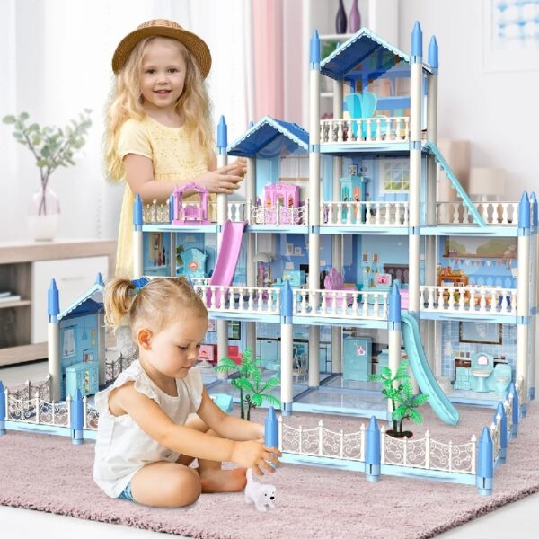 DollHouse with Colorful Light, Pretend Play Toddler Doll House Furniture Sets with 3 Dolls, 9 Rooms DIY , Creative Gift for Girls