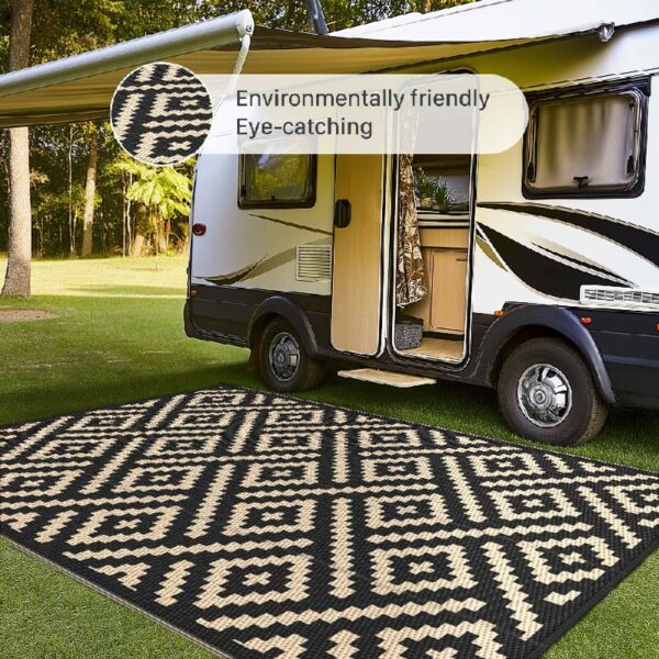Outdoor Rugs Waterproof Plastic Straw Mat 6'x9' Reversible for RV Patio Deck Beach Black & Brown