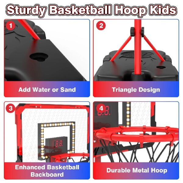 2-in-1 Kid Basketball Hoop with LED Lights & Scoreboard & 3 Balls, Toddler Basketball Hoop Adjustable Height 5.1ft-6.2ft, Basketball Toy Gifts for Boys & Girls