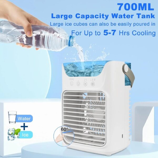 Portable Air Conditioners Fan, 4-IN-1 with 700ML Wide-Mouth Tank, 3 Speeds & 2 Mist Modes, 7-Color RGB Mood Light, Touch Control, 2-6H Timer, PU Handle, for Home, Office, Camping, Car,Yoga