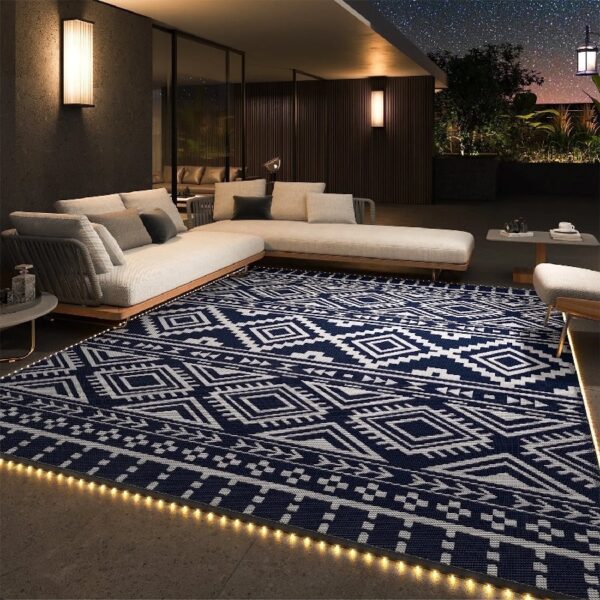 Outdoor Rug Carpet 6'x9' Waterproof Reversible Patio Rug Portable Modern Abstract Indoor Outdoor Rug Plastic Straw Rug for RV Camping Garden Picnic Deck Backyard Porch Decor Gray and White