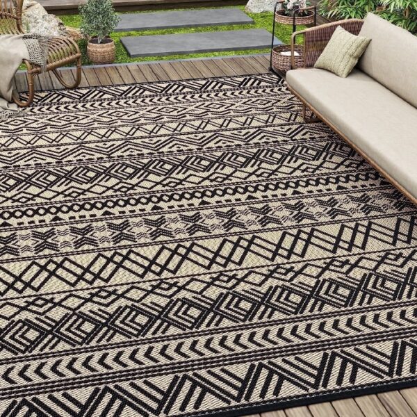 Outdoor Rug 6'x9' Waterproof Reversible Patio Rug Boho Geometric Indoor Outdoor Rugs Lightweight Plastic Straw Ourdoor Carpet for RV Camping Deck Balcony Modern Porch Decor Black and White