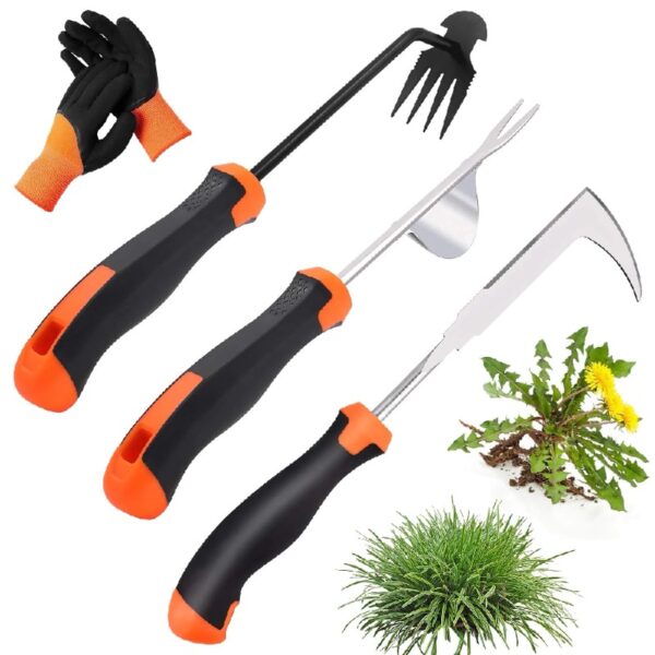 Weed Puller Tool with Gloves, Weeder Hand Tool for Garden, Weeding Tool with 4 Claws, Weeder Garden Root Remover Tool for Garden, Gap or Corner Weeding, 3 Pack