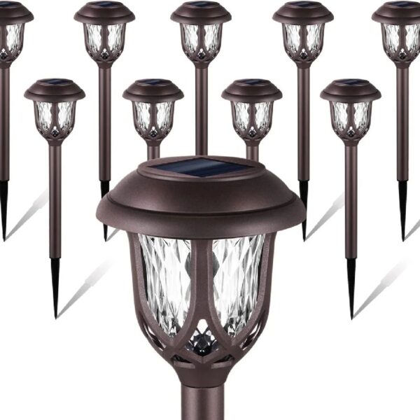 10 Pack Solar Lights Outdoor Decorative, Solar Pathway Lights Outdoor, Solar Powered Garden Yard Lights for Walkway Sidewalk Driveway. (Brown, Cool White)