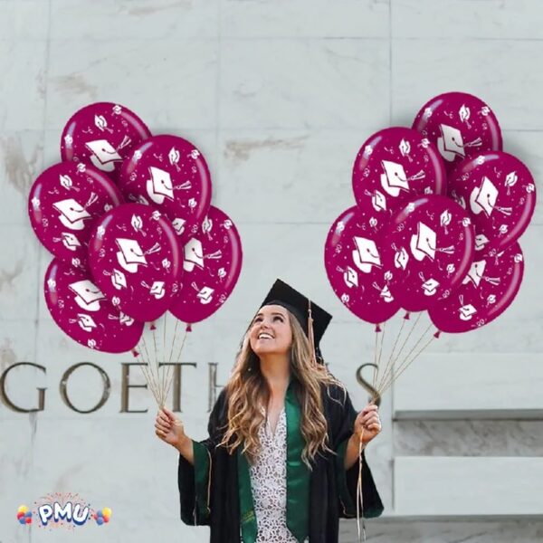 PMU Graduation Balloons 11 Inch PartyTex Premium Emerald Green with All-Over Print White Grad Caps-Confetti and Streamers Pkg/100