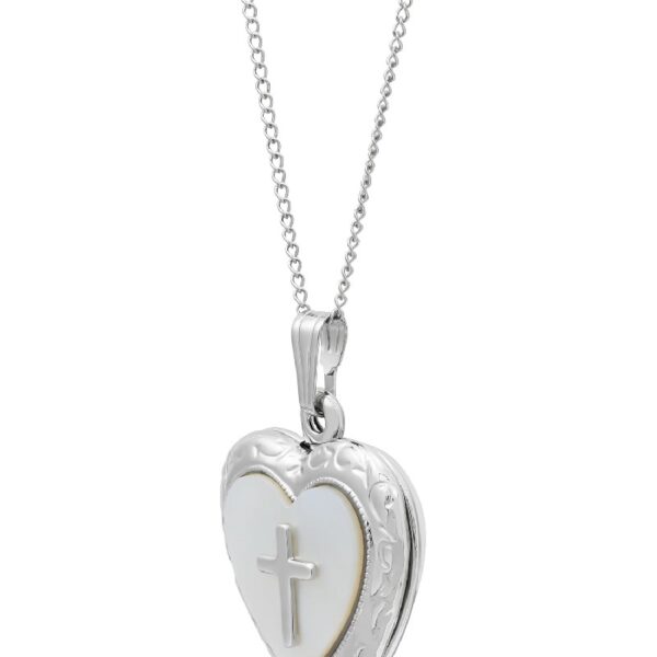 Brilliance Fine Jewelry Mother of Pearl with Cross Locket Heart Pendant in Sterling Silver, 18