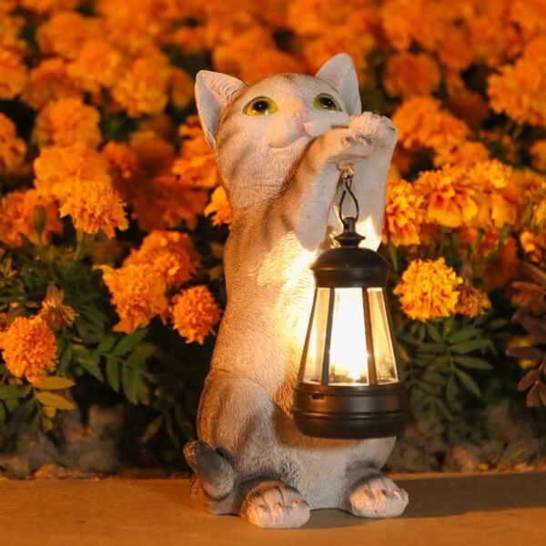 Cat Statue Garden Decor with LED Lantern for Outside -Resin patio Art Gift for lover,Cat Statues for Garden,Patio,Yard Decoration
