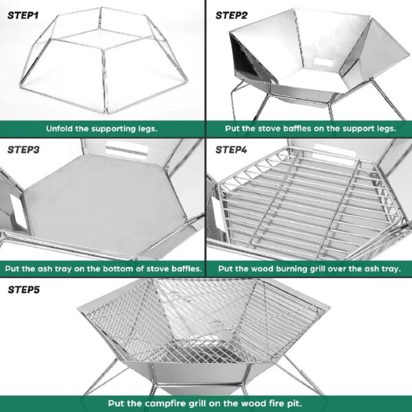 Charcoal Campfire Grill, Camping Fire Pit, Portable BBQ Grill, Folding Hexagon Stainless Steel Barbecue Stove for Home Party Outdoor Camping Picnic