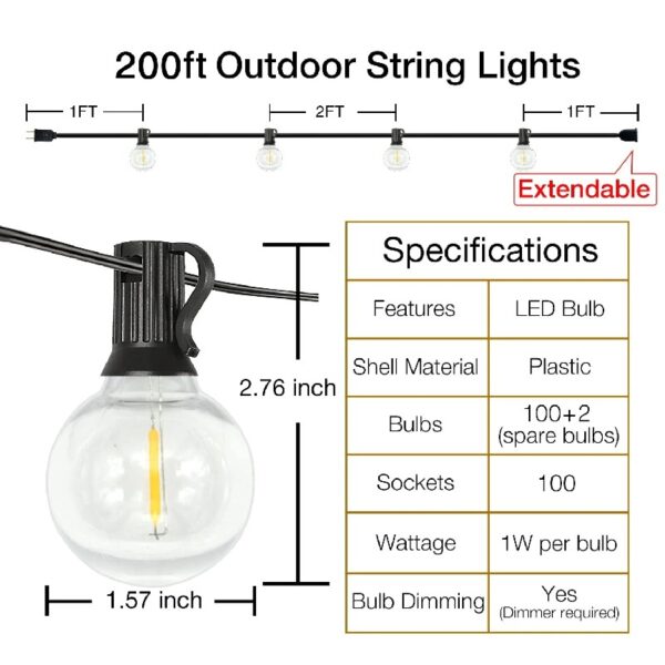 DAYBETTER Outdoor String Lights,100ft,with 50 G40 Edison Vintage Bulbs,Waterproof for Patio Garden Gazebo Bistro Cafe Backyard