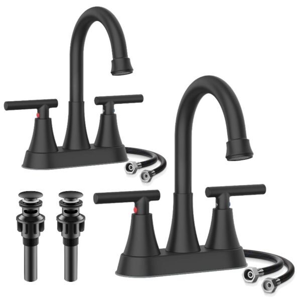Bathroom Faucets 4 Inch Matte Black Bathroom Sink Faucet, Stainless Steel Lead-Free 2-Handle Centerset Faucet with Pop-up Drain and 2 Supply Hoses Fits 2 or 3-hole Sink